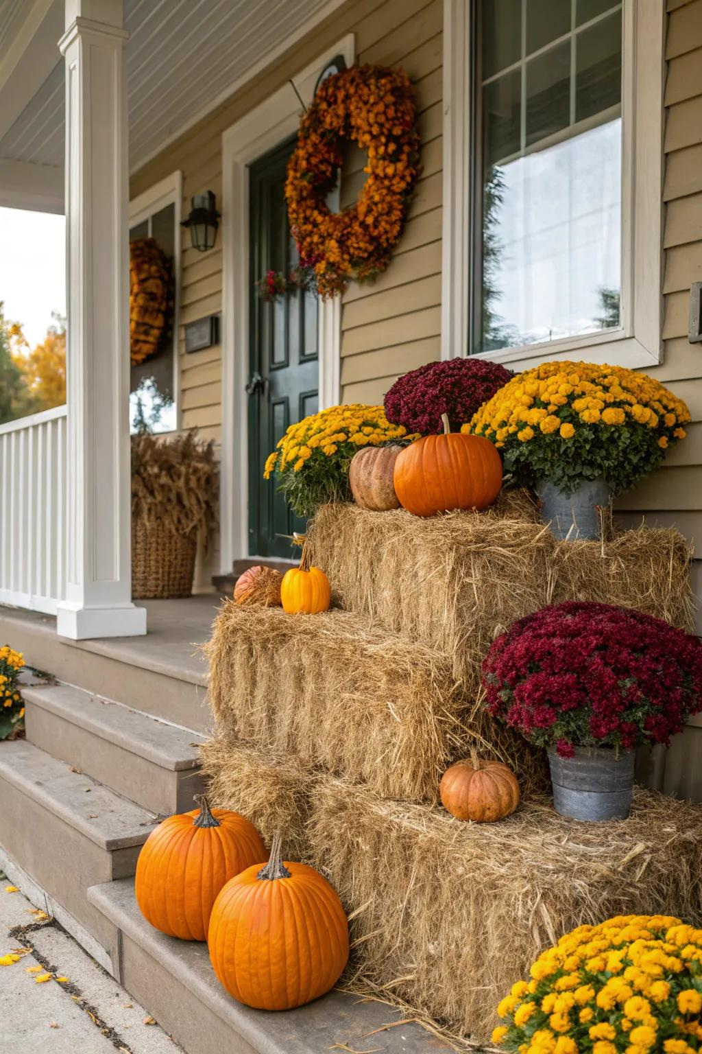 Hay bales on a fall porch with pumpkins and mums